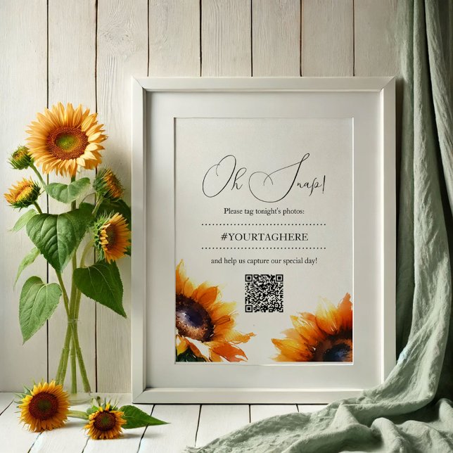 Solros Bröllop Instagram Poster (Sunflower wedding decor Oh Snap poster with QR code by VG Invites)
