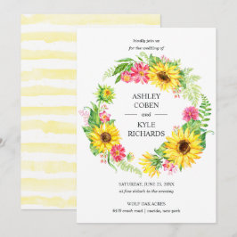 Solros bröllop med krans mot vit bakgrund inbjudningar