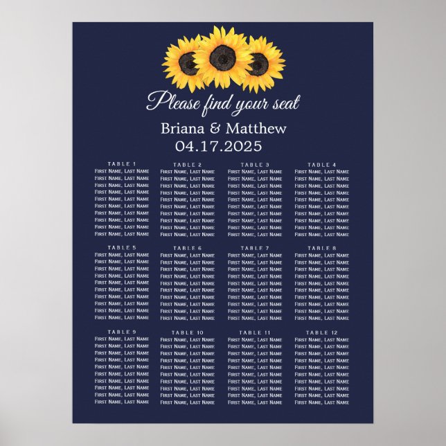 Solros Bröllop Placeringsplan Landet Blå Poster (Framsidan)