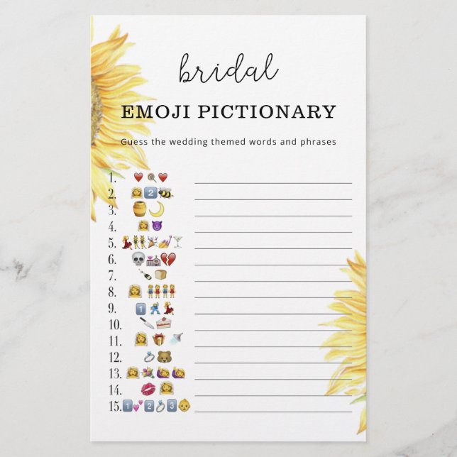 Solros bröllopsdusch emoji pictionary spel (Framsida)
