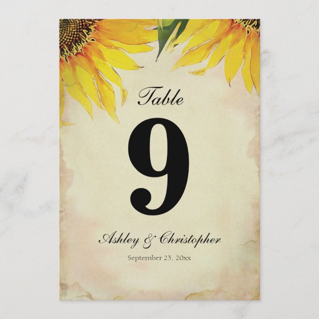 Solros Bröllopsfest Bord Nummer Nio Inbjudningar (Framsida)