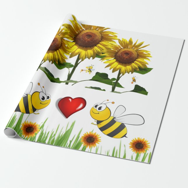 Solros Bumblebee Red HeartsMatte Wrapping Papper Presentpapper (Utrullad)