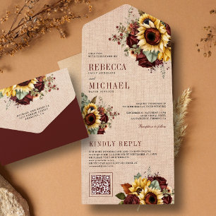 Solros Burgunder Blommig QR-kod Jute Bröllop