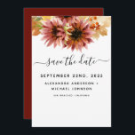 Solros Burgunder Landskaps Watercolor Bröllop Spara Datumet<br><div class="desc">Burgunder och Gul Solros Rustik Utomhus Foliage Watercolor Vår Bröllop Spara Datum Eleganta och Moderna Inbjudningar på Vit bakgrund - inkluderar vacker och elegant skript typografi med modern botanisk Höst eller Höstlöv och grönska för den speciella Bröllopsdag firandet.</div>