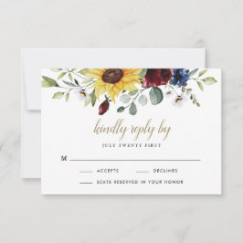 Solros Burgunderröda Rosor Marinblå Rustik Bröllop OSA Kort