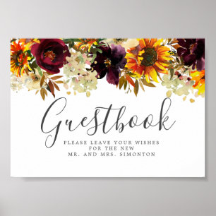 Solros Burgundy Blommigt Bröllop Guestbook-tecken Poster