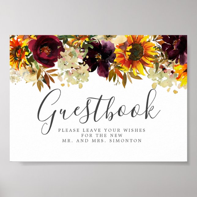 Solros Burgundy Blommigt Bröllop Guestbook-tecken Poster (Framsidan)