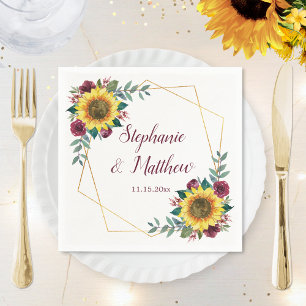 Solros Burgundy Blommigt Geometric Bröllop Pappersservett