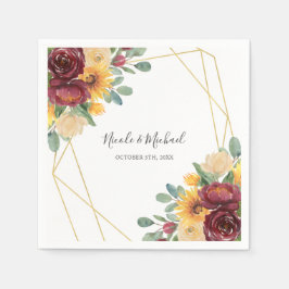 Solros Burgundy Blommigt Guld Geometric Bröllop Pappersservett