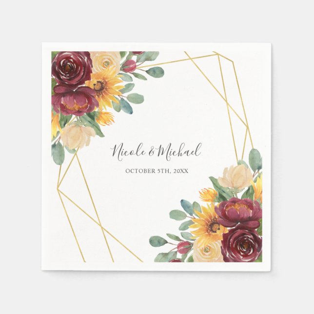 Solros Burgundy Blommigt Guld Geometric Bröllop Pappersservett (Framsidan)