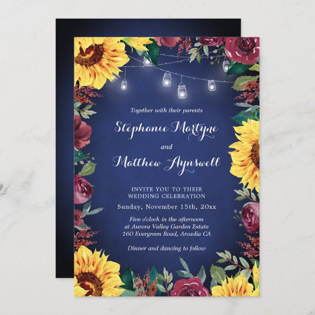 Solros Burgundy Blommigt Navy Burk Ljus Bröllop Inbjudningar (Fram/baksida)