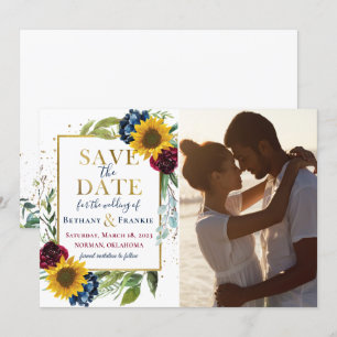 Solros Burgundy Blue Blommigt Photo Save Date Spara Datumet