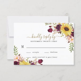 Solros Burgundy Guld Peony Ro Bröllop OSA Kort