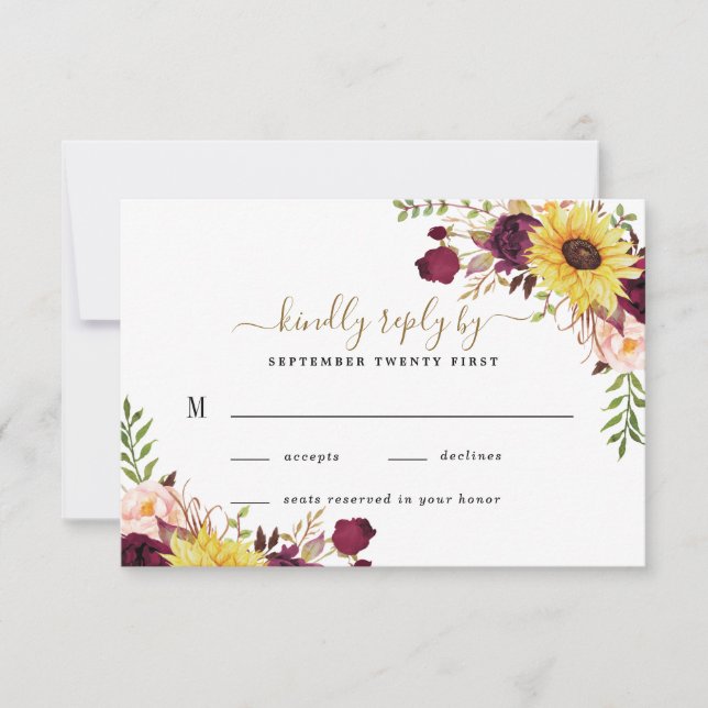 Solros Burgundy Guld  Peony Ro Bröllop OSA Kort (Framsida)