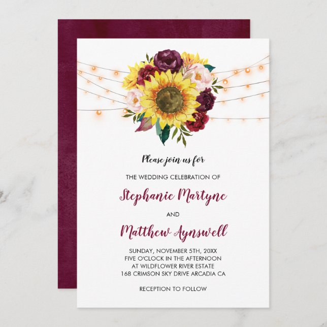 Solros Burgundy Marsala Blommigt Ljus Bröllop Inbjudningar (Fram/baksida)
