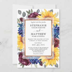 Solros Burgundy Navy Blommigt Gräns Fall Wedding Inbjudningar