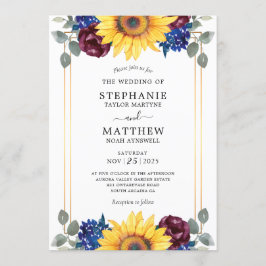 Solros Burgundy Navy Blommigt Guld Bröllop Inbjudningar