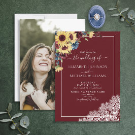 Solros Burgundy Navy Blue Script Photo Bröllop Inbjudningar