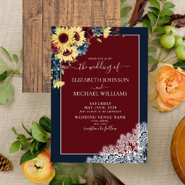Solros Burgundy Navy Blue Wood Script Bröllop Inbjudningar