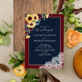 Solros Burgundy Navy Blue Wood Script Bröllop Inbjudningar