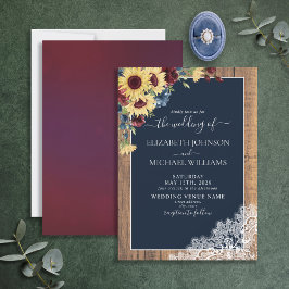 Solros Burgundy Navy Blue Wood Script Bröllop Inbjudningar