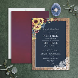 Solros Burgundy Navy Blue Wood Script Bröllop Inbjudningar