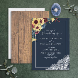 Solros Burgundy Navy Blue Wood Script Bröllop Inbjudningar