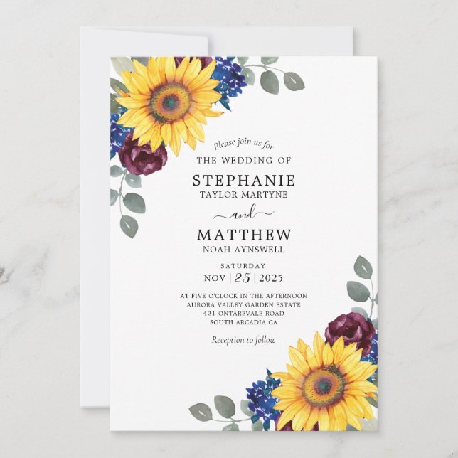 Solros Burgundy Navy Watercolor Blommigt Bröllop Inbjudningar (Framsida)