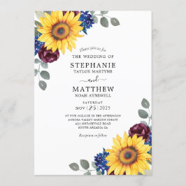 Solros Burgundy Navy Watercolor Blommigt Bröllop Inbjudningar