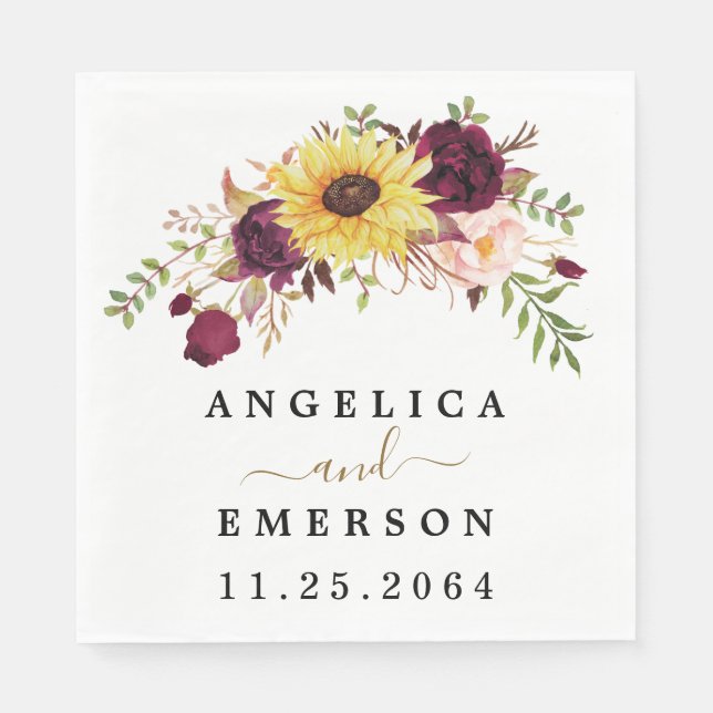 Solros Burgundy Red  Peony Ro Bröllop Pappersservett (Framsidan)