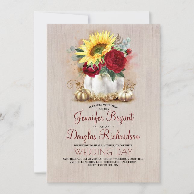 Solros Burgundy Ro Guld Pumpkin Fall Wedding Inbjudningar (Framsida)