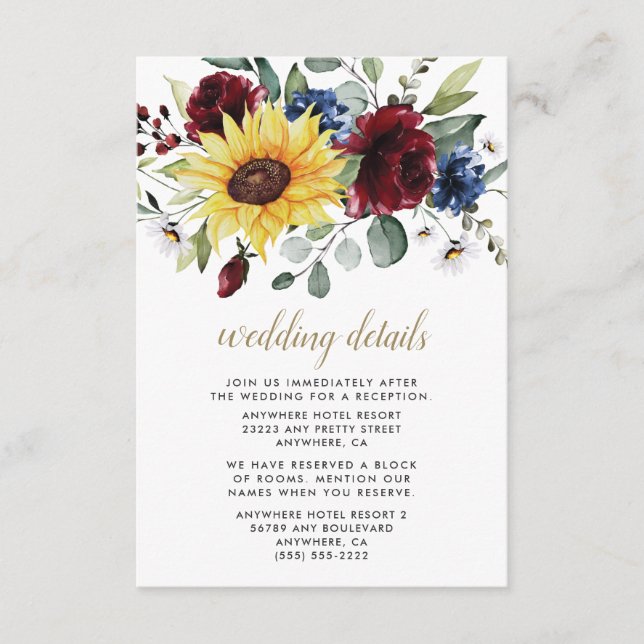 Solros Burgundy Ro marinblå Bröllop Tilläggskort (Framsida)