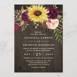 Solros Burgundy Röd ros Rustic Wood Bröllop Inbjudningar