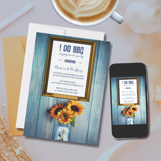 Solros Burk I DO BBQ-Förlovningsfest Inbjudningar (I DO BBQ invitations feature blue barn wood and sunflowers)