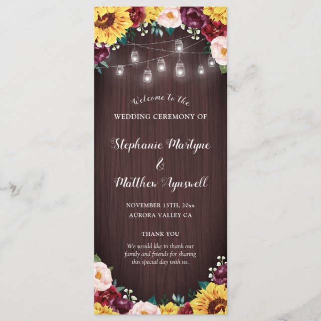 Solros Burk Ljus Wood Burgundy  Bröllop Program (Framsida)