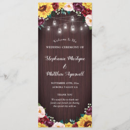 Solros Burk Ljus Wood Burgundy  Bröllop Program