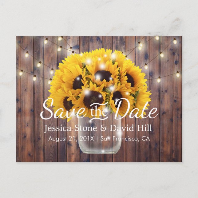 Solros Burk Rustic Barn Bröllop spara datum Meddelande Vykort (Framsida)