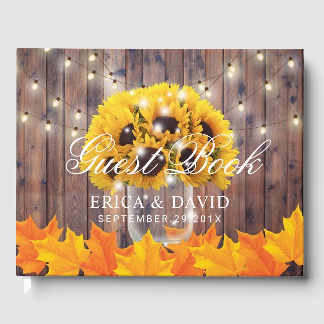 Solros Burk String Ljus Rustic Bröllop Gästböcker (Framsida)