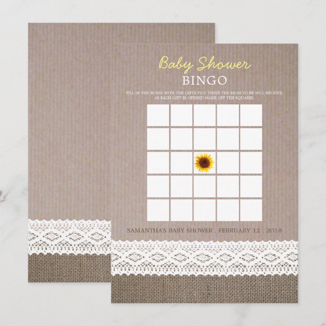 Solros Burlap & Crochet Snöre Baby Shower Bingo Inbjudningar (Fram/baksida)