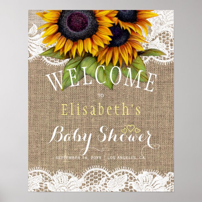 Solros burlap och spets höst baby shower poster (Framsidan)
