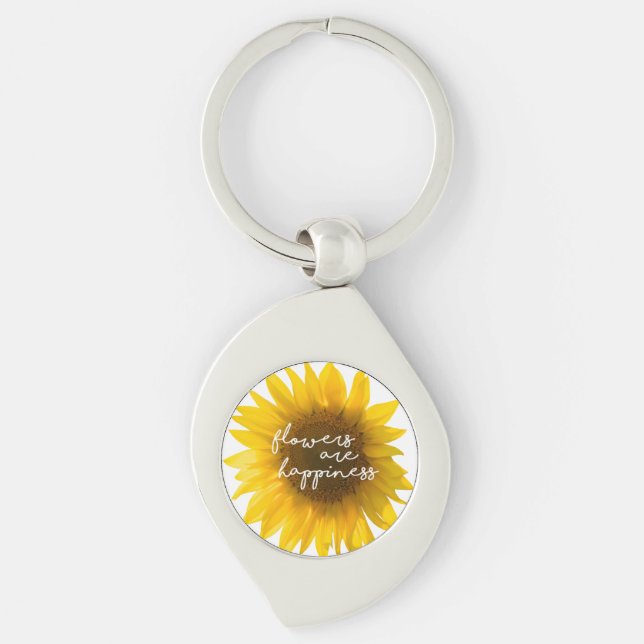 Solros citat "blommor är lycka" swirl silverfärgad nyckelring (Framsidan)
