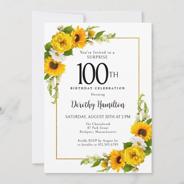 Solros Daisy 100:e födelsedagen Surprise Party Inbjudningar (Framsida)
