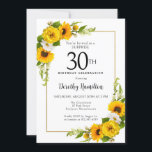 Solros Daisy 30års födelsedag Surprise Party Inbjudningar<br><div class="desc">Inbjudan till söt gult Solros blommigt 30års födelsedag. Gult och vita daisy med solblommor. Ett rektangulärt guld ram ge är en elegant vibe. Mycket enkelt att anpassa. Den där baksidan är vit med en solrosbukett. Det här är en perfekt för en sommardag. Denna punkt är party i Gulten Solros and...</div>