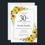 Solros Daisy 30års födelsedag Surprise Party Inbjudningar<br><div class="desc">Inbjudan till söt gult Solros blommigt 30års födelsedag. Gult och vita daisy med solblommor. Ett rektangulärt guld ram ge är en elegant vibe. Mycket enkelt att anpassa. Den där baksidan är vit med en solrosbukett. Det här är en perfekt för en sommardag. Denna punkt är party i Gulten Solros and...</div>