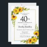 Solros Daisy 40:e födelsedagen Surprise Party Inbjudningar<br><div class="desc">Söt gult solros blommigt 40 födelsedag inbjudan. Gult och vita daisy med solblommor. Ett rektangulärt guld ram ge är en elegant vibe. Mycket enkelt att anpassa. Den där baksidan är vit med en solrosbukett. Det här är en perfekt för en sommardag. Denna punkt är party i Gulten Solros and White...</div>