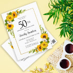 Solros Daisy 50:e Födelsedagsfest inbjudan<br><div class="desc">Söt gult solros blommigt 50 födelsedag inbjudan. Gult och vita daisy med solblommor. Ett rektangulärt guld ram ge är en elegant vibe. Mycket enkelt att anpassa. Baksidan har en solrosbukett. Det här är en perfekt för en sommardag. Det här objektet ingår i Gulten Solrovit-Daisy.</div>