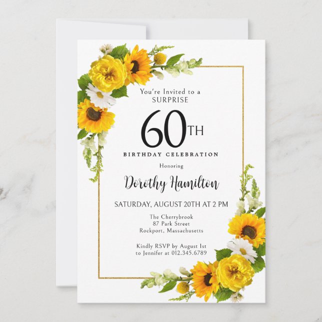Solros Daisy 60:e födelsedagen Surprise Party Inbjudningar (Framsida)