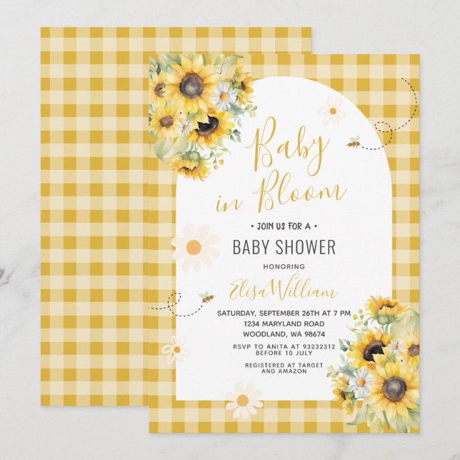Solros Daisy Bee Baby i Bloom Inbjudningar (Fram/baksida)