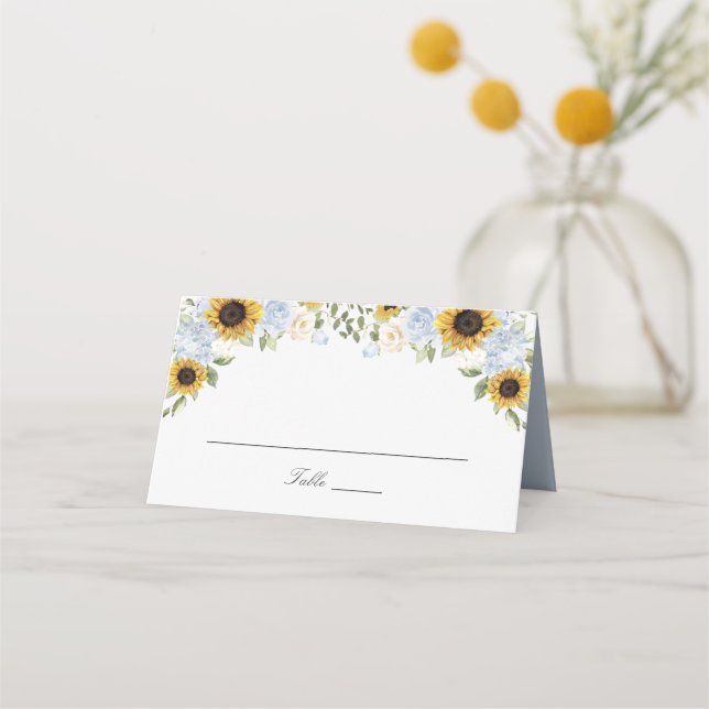Solros Damblå Blommor Bröllopsplatskort Placeringskort (Framsida)