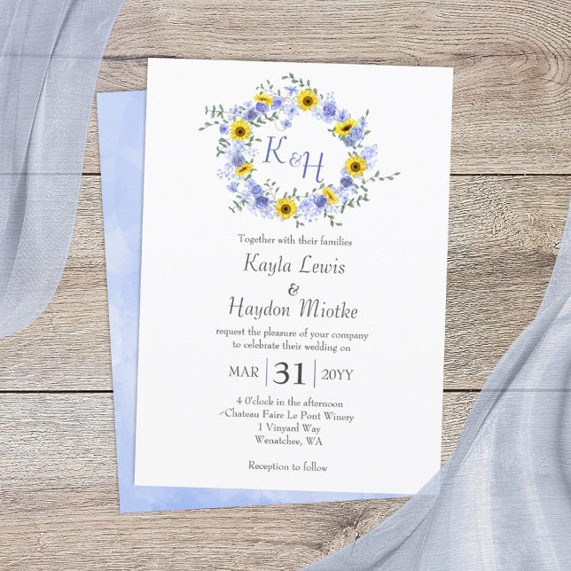 Solros Damblå Rosor Bröllopskrans Inbjudningar (dusty blue roses and yellow sunflowers wedding invitations, round floral wreath)